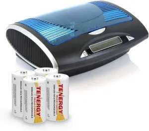 Tenergy Rechargeable NiCd D Batteries and T9688 LCD Smart Charger, 4 Pack D Size Battery Cells and Charger