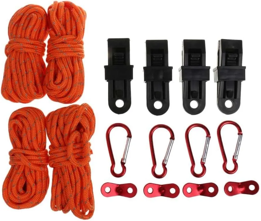Tent Accessory Set with Reflective Rope, Tarp Clip, Cord Tensioner, and Carabiner for Outdoor Camping
