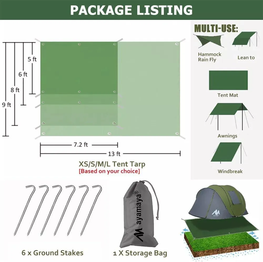 Tent Footprint, KANCOKIT PU 3000 Waterproof Tent Ground Cloth Extra Large Size for 3-8 Person Family Camping Tents Ground Sheet Mat with 6 Tent Stakes for Camping Hiking Picnic Backpacking (13 x 9 FT)