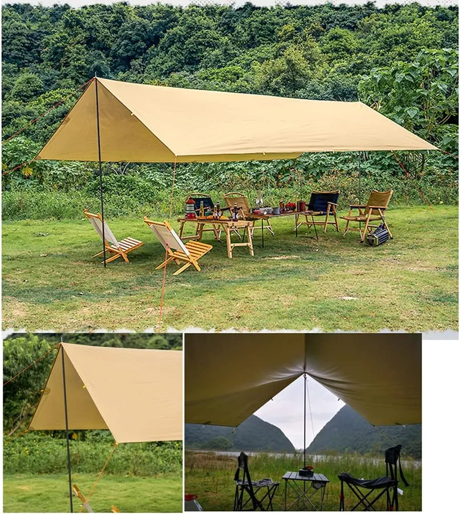 Tent Sun Shade Waterproof Camping Tarp for Trips Fishing Backyard Fun Picnics Portable Shelter Canopy with Pole Rope Ground Nail,Khaki-5×3M