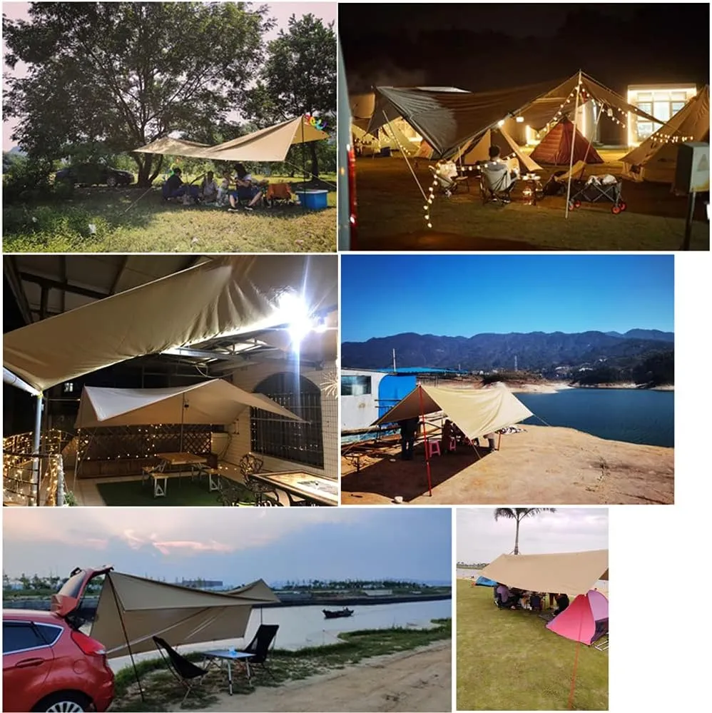 Tent Sun Shade Waterproof Camping Tarp for Trips Fishing Backyard Fun Picnics Portable Shelter Canopy with Pole Rope Ground Nail,Khaki-5×3M