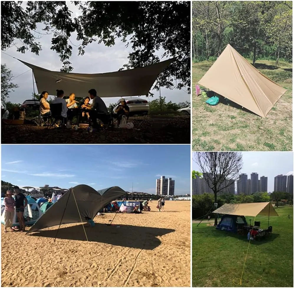 Tent Sun Shade Waterproof Camping Tarp for Trips Fishing Backyard Fun Picnics Portable Shelter Canopy with Pole Rope Ground Nail,Khaki-5×3M