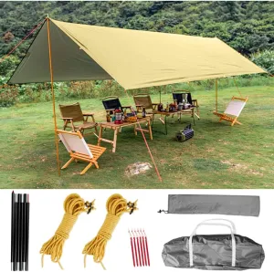 Tent Sun Shade Waterproof Camping Tarp for Trips Fishing Backyard Fun Picnics Portable Shelter Canopy with Pole Rope Ground Nail,Khaki-5×3M