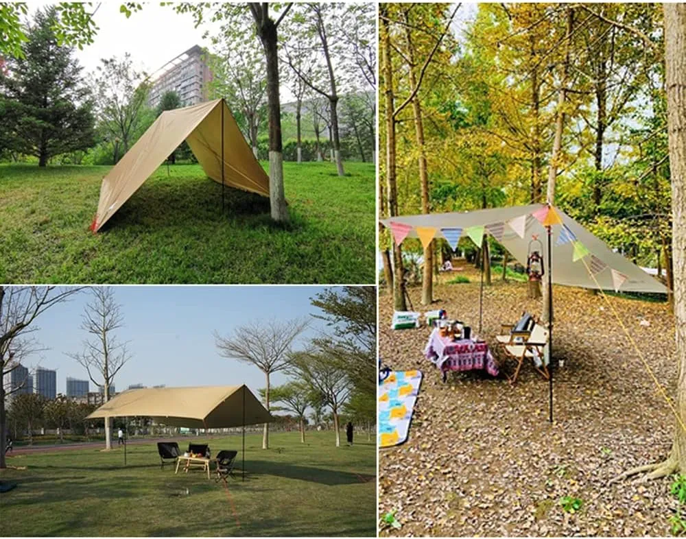 Tent Sun Shade Waterproof Camping Tarp for Trips Fishing Backyard Fun Picnics Portable Shelter Canopy with Pole Rope Ground Nail,Khaki-5×3M