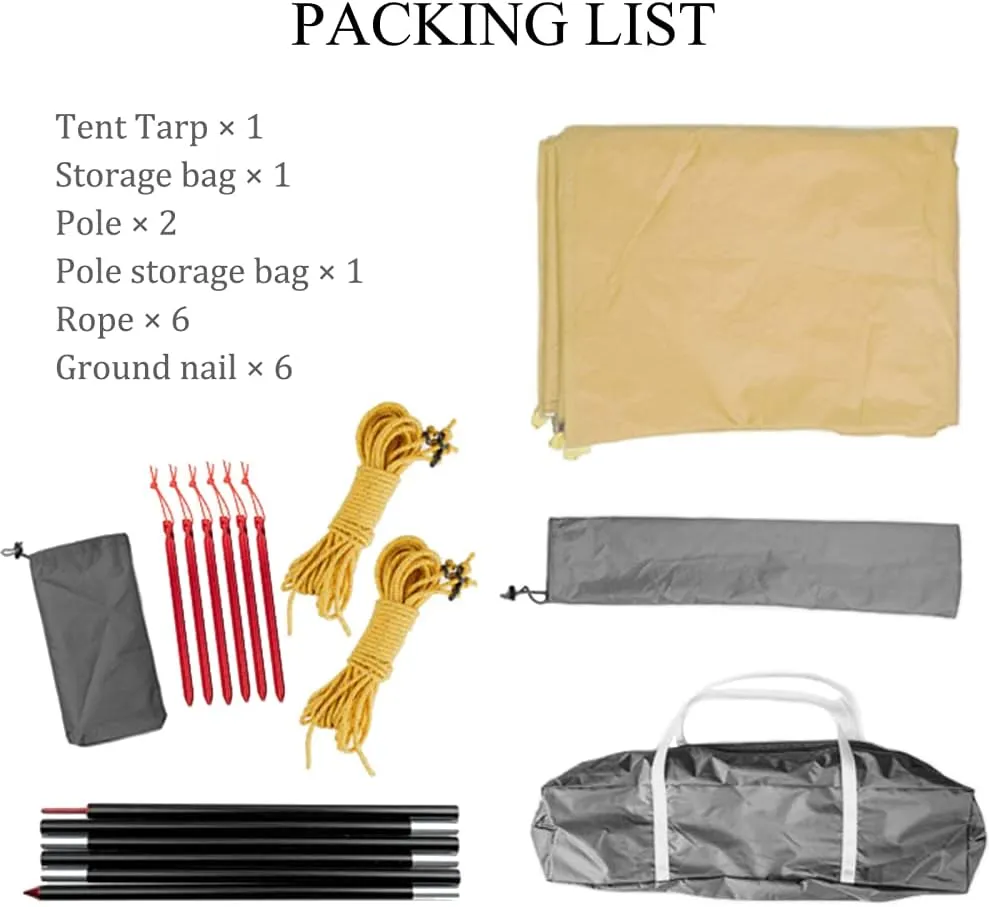 Tent Sun Shade Waterproof Camping Tarp for Trips Fishing Backyard Fun Picnics Portable Shelter Canopy with Pole Rope Ground Nail,Khaki-5×3M