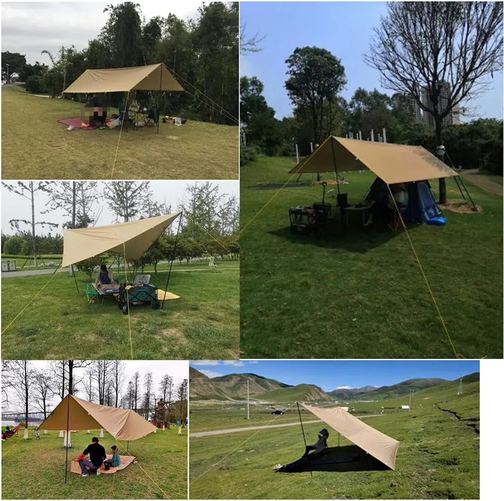 Tent Sun Shade Waterproof Camping Tarp for Trips Fishing Backyard Fun Picnics Portable Shelter Canopy with Pole Rope Ground Nail,Khaki-5×3M