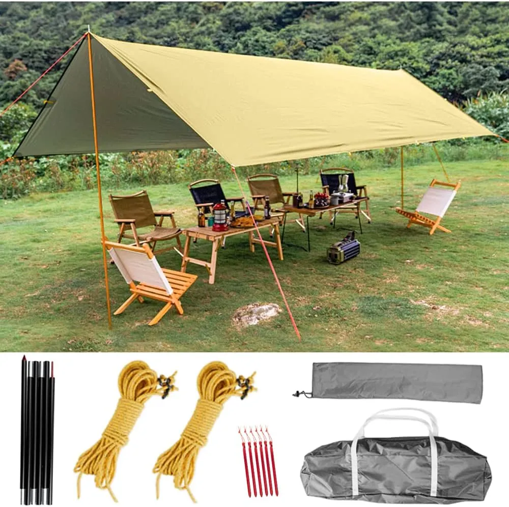 Tent Sun Shade Waterproof Camping Tarp for Trips Fishing Backyard Fun Picnics Portable Shelter Canopy with Pole Rope Ground Nail,Khaki-5×3M