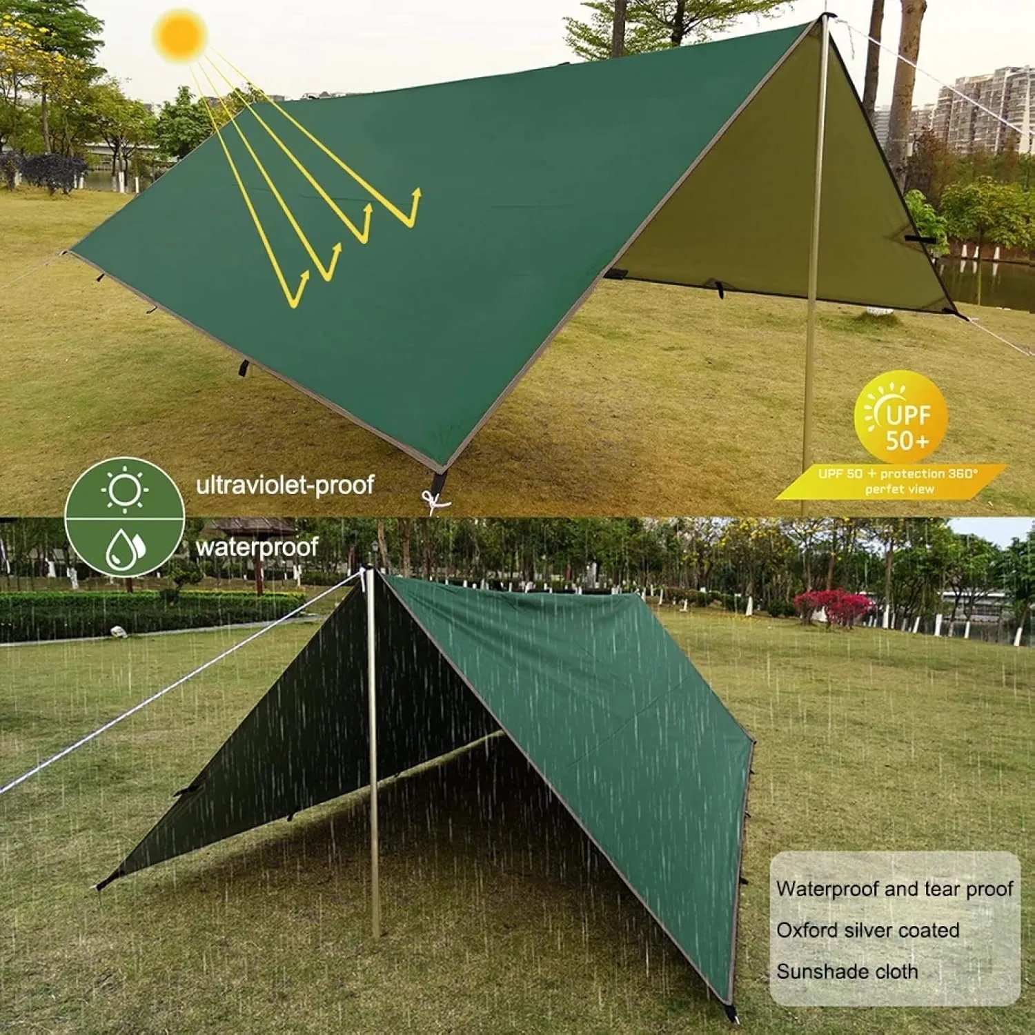 Tent Tarp Waterproof Tent Cover, 3m x 4m Tent Awning Camping Tarp, Lightweight Waterproof Camping Shelter for Sunshade Camping Outdoor-Green
