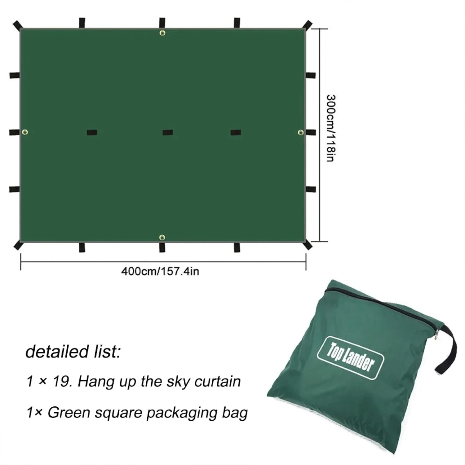 Tent Tarp Waterproof Tent Cover, 3m x 4m Tent Awning Camping Tarp, Lightweight Waterproof Camping Shelter for Sunshade Camping Outdoor-Green