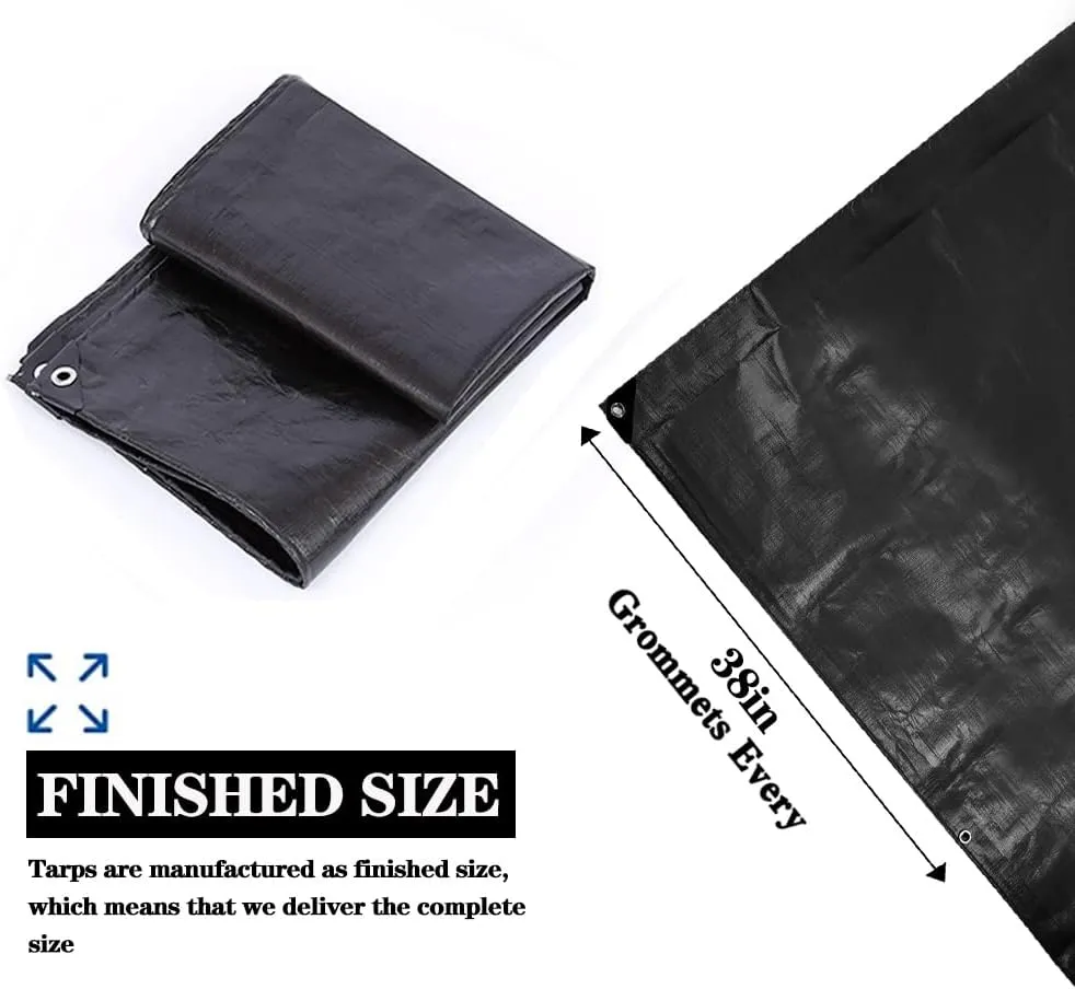 TEZONG Black Tarp 8x10ft, Heavy Duty Waterproof, 12Mil Polyethylene, Outdoor Tarp Cover for Emergency Rain, Patio, Wood, Roof, Camping, Car, Pool