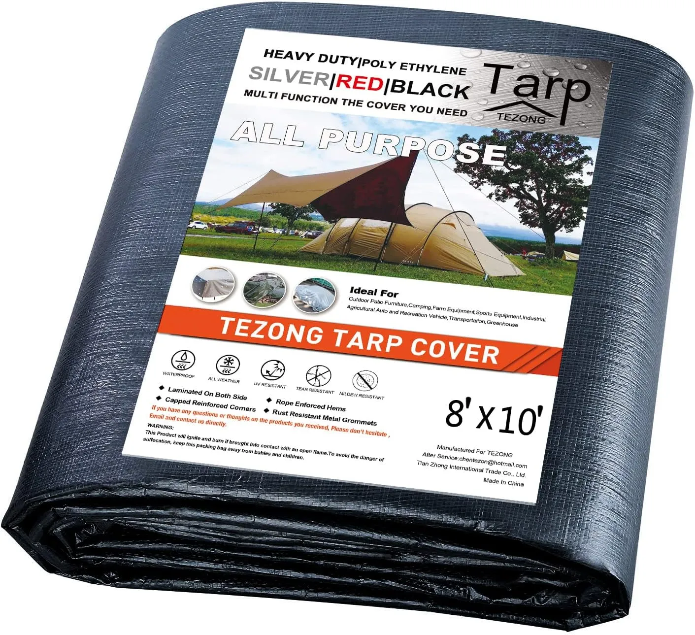 TEZONG Black Tarp 8x10ft, Heavy Duty Waterproof, 12Mil Polyethylene, Outdoor Tarp Cover for Emergency Rain, Patio, Wood, Roof, Camping, Car, Pool