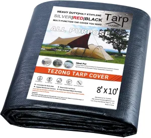 TEZONG Black Tarp 8x10ft, Heavy Duty Waterproof, 12Mil Polyethylene, Outdoor Tarp Cover for Emergency Rain, Patio, Wood, Roof, Camping, Car, Pool