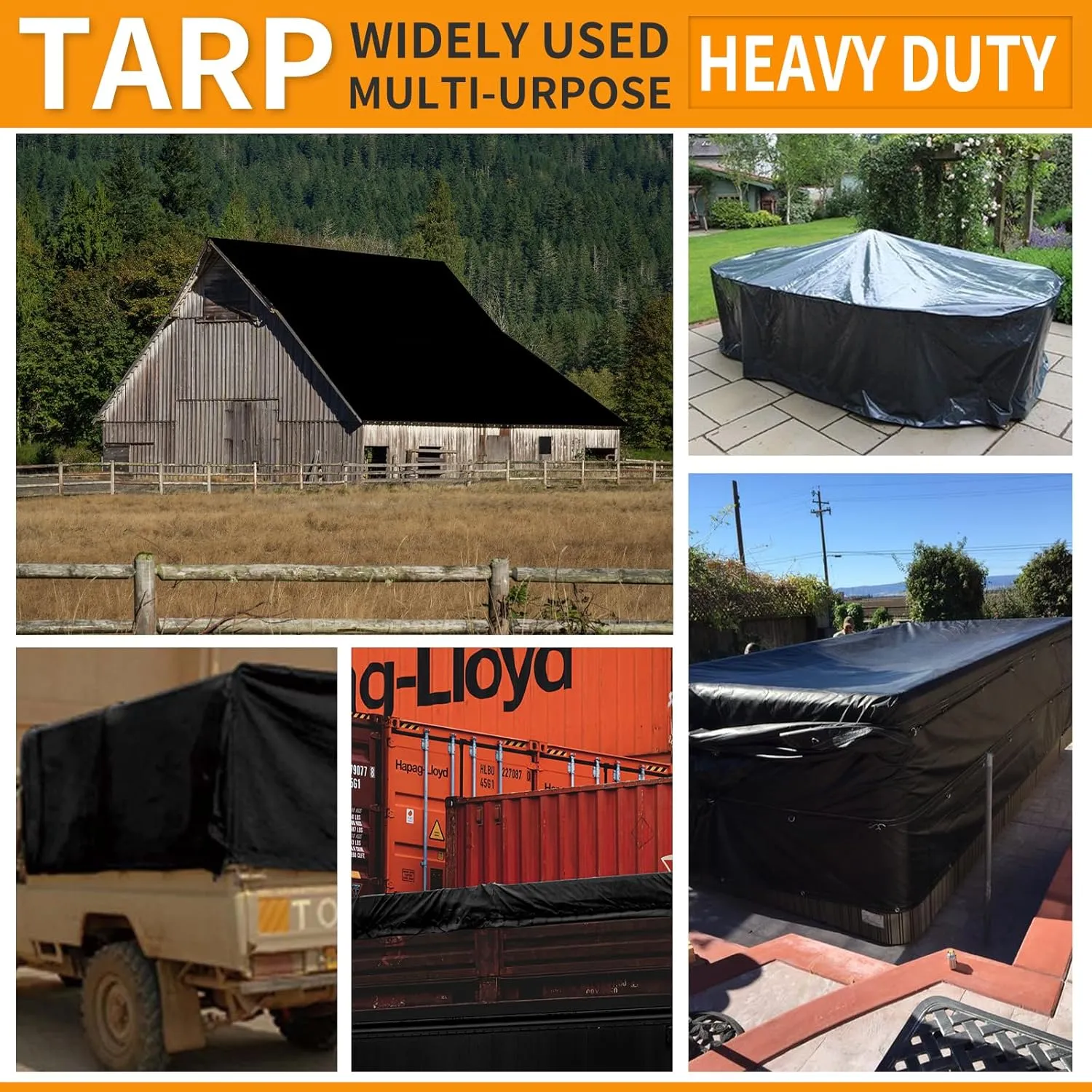 TEZONG Black Tarp 8x10ft, Heavy Duty Waterproof, 12Mil Polyethylene, Outdoor Tarp Cover for Emergency Rain, Patio, Wood, Roof, Camping, Car, Pool