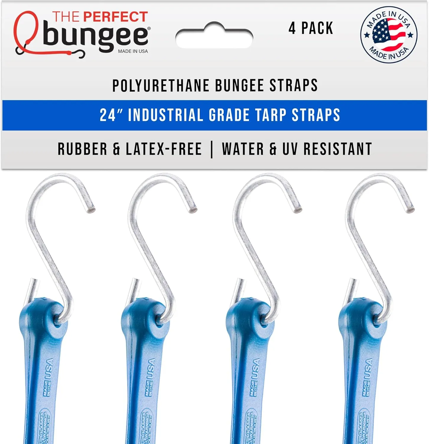 The Perfect Bungee 24 Inch Bungee Cords with Hooks – Industrial Grade Bungee Cord, Tarp Strap, Polyurethane Bungee Straps 4 Pack Blue – Made in The USA - Stretches Two Times Original Length