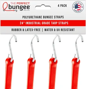 The Perfect Bungee 24 Inch Bungee Cords with Hooks – Industrial Grade Bungee Cord, Tarp Strap, Polyurethane Bungee Straps 4 Pack Red – Made in The USA - Stretches Two Times Original Length