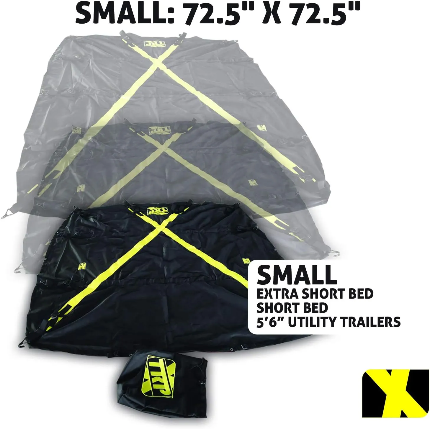The X-Cover by TRPx - Trailer and Truck Bed Cover Small – Integrated Heavy Duty Black Tarp and Tie Down System. Fits: Extra Short Bed, Short Bed and Utility Trailers up to 5'6"