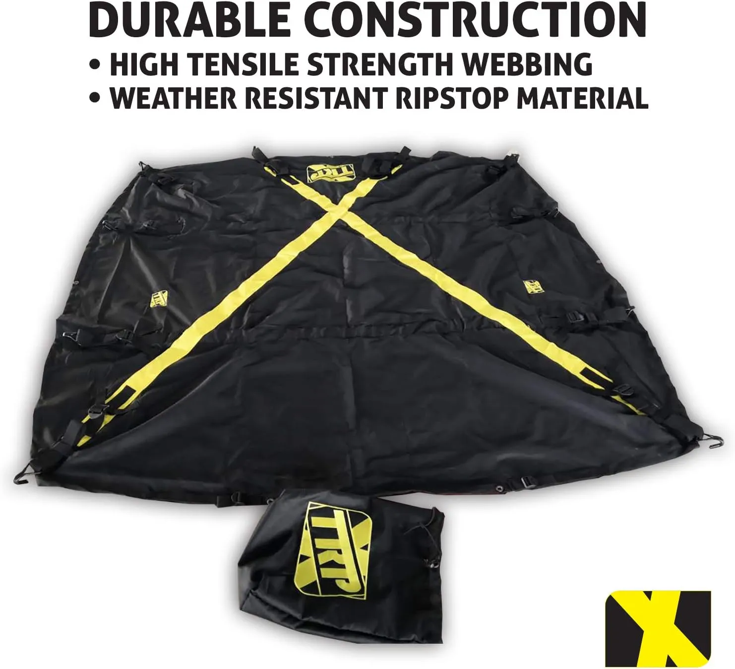 The X-Cover by TRPx - Trailer and Truck Bed Cover Small – Integrated Heavy Duty Black Tarp and Tie Down System. Fits: Extra Short Bed, Short Bed and Utility Trailers up to 5'6"