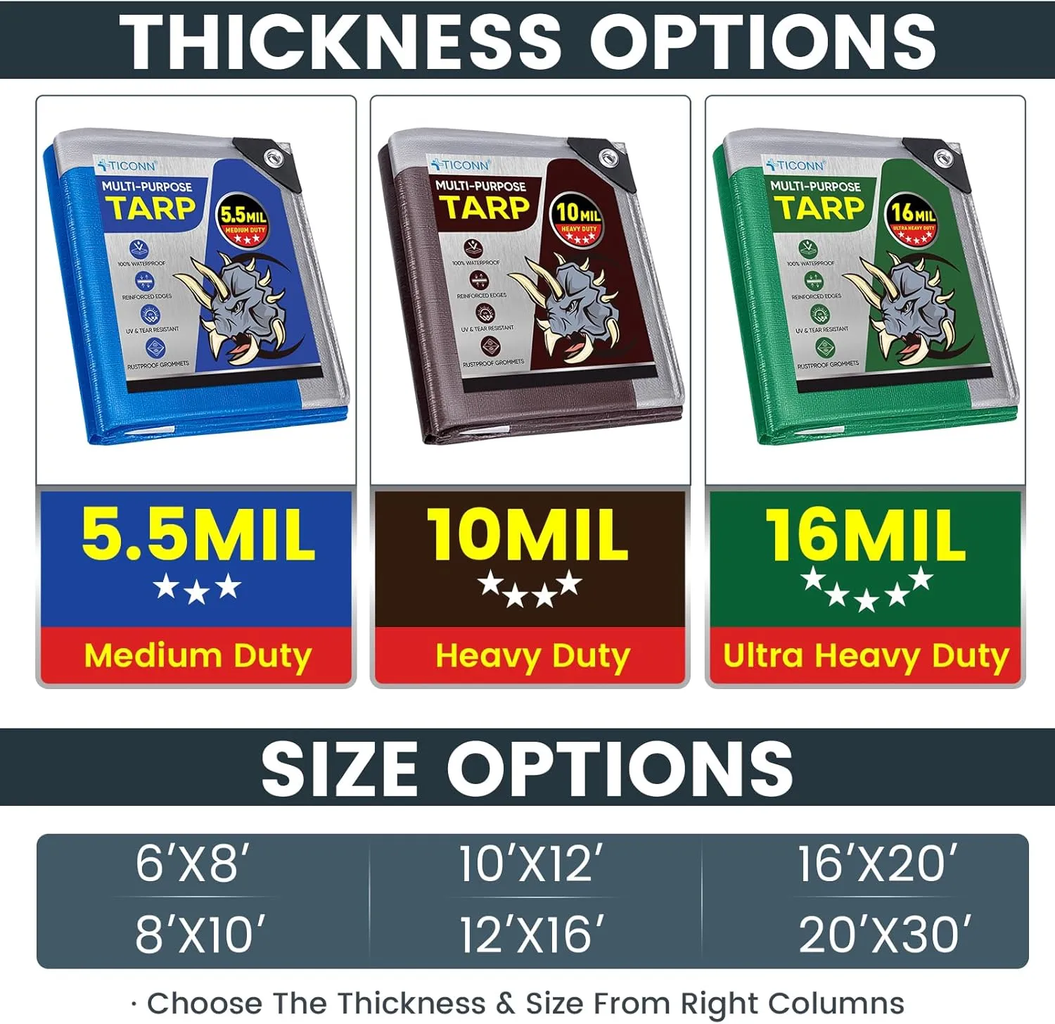 TICONN Heavy Duty Tarp Cover, Extra Thick Tarps Waterproof Tear and Rip Proof UV Resistant Tarpaulin with Reinforced Grommets and Edges (10 Mil, 16'x20')