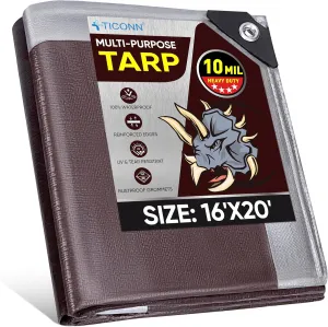TICONN Heavy Duty Tarp Cover, Extra Thick Tarps Waterproof Tear and Rip Proof UV Resistant Tarpaulin with Reinforced Grommets and Edges (10 Mil, 16'x20')