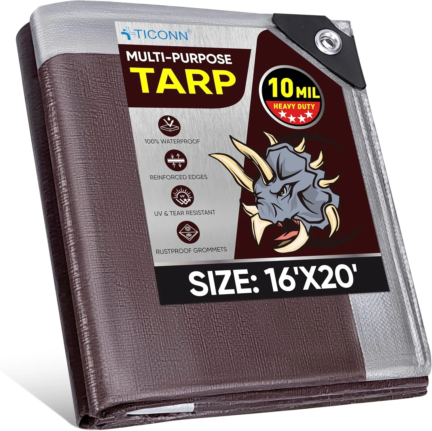 TICONN Heavy Duty Tarp Cover, Extra Thick Tarps Waterproof Tear and Rip Proof UV Resistant Tarpaulin with Reinforced Grommets and Edges (10 Mil, 16'x20')