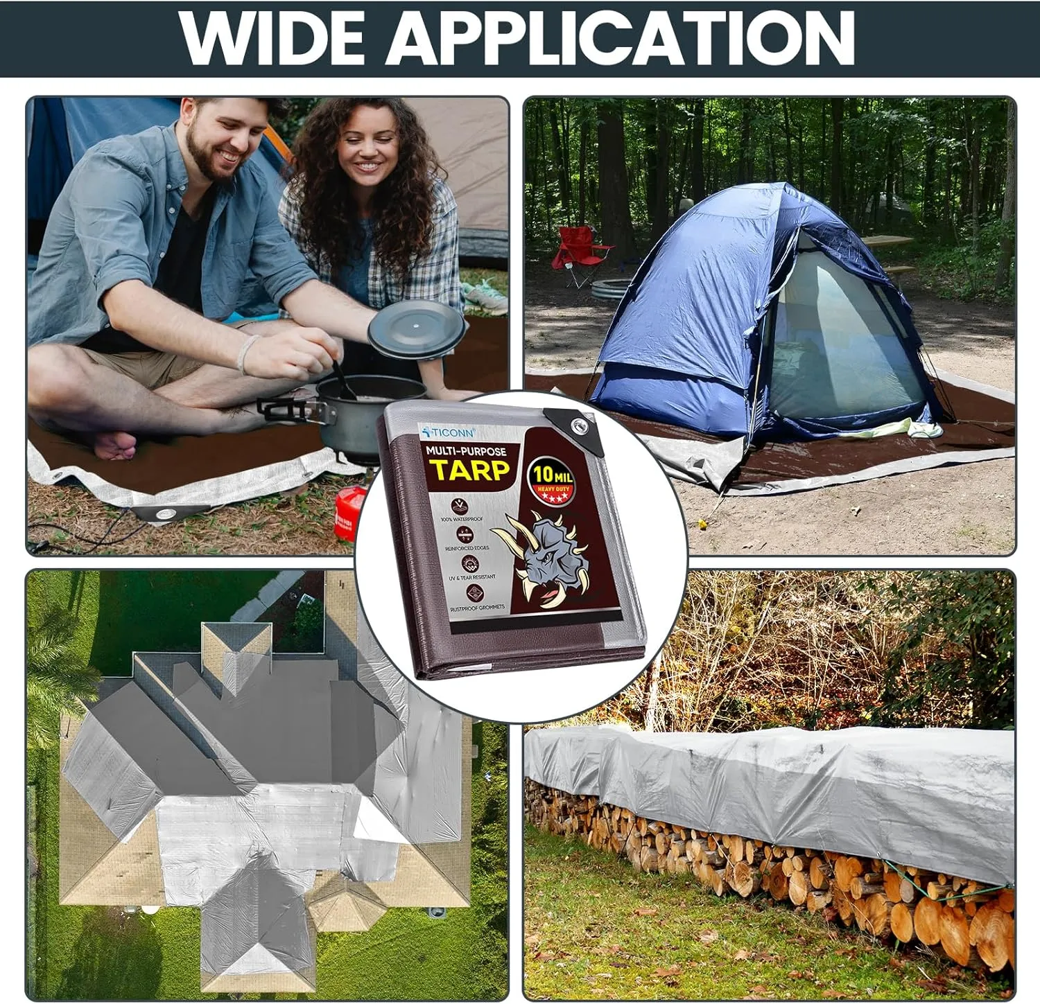 TICONN Heavy Duty Tarp Cover, Extra Thick Tarps Waterproof Tear and Rip Proof UV Resistant Tarpaulin with Reinforced Grommets and Edges (10 Mil, 16'x20')