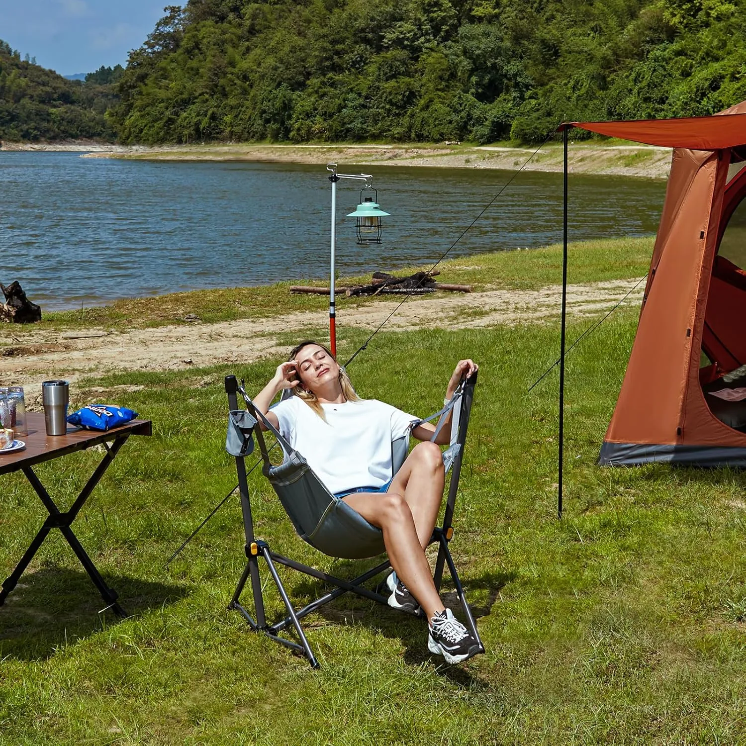 TIMBER RIDGE Hammock Camping Chair with Adjustable Backrest, Heavy Duty Folding Hammock Chair Supports 300lbs, Portable Hammock Chair for Camping, Travelling and Patio, Grey