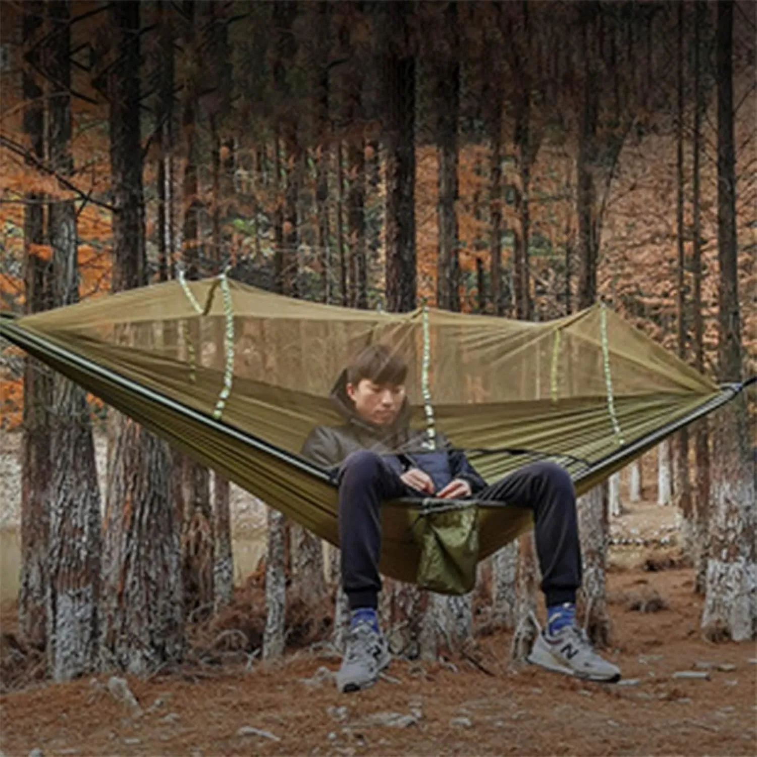 Topyond Camping Hammock with Net, 210T Nylon Taffeta Hammocks Quick Opening Hammock Tent for Indoor, Outdoor, Hiking, Camping, Backpacking, Travel, Backyard, Beach(Army Green)