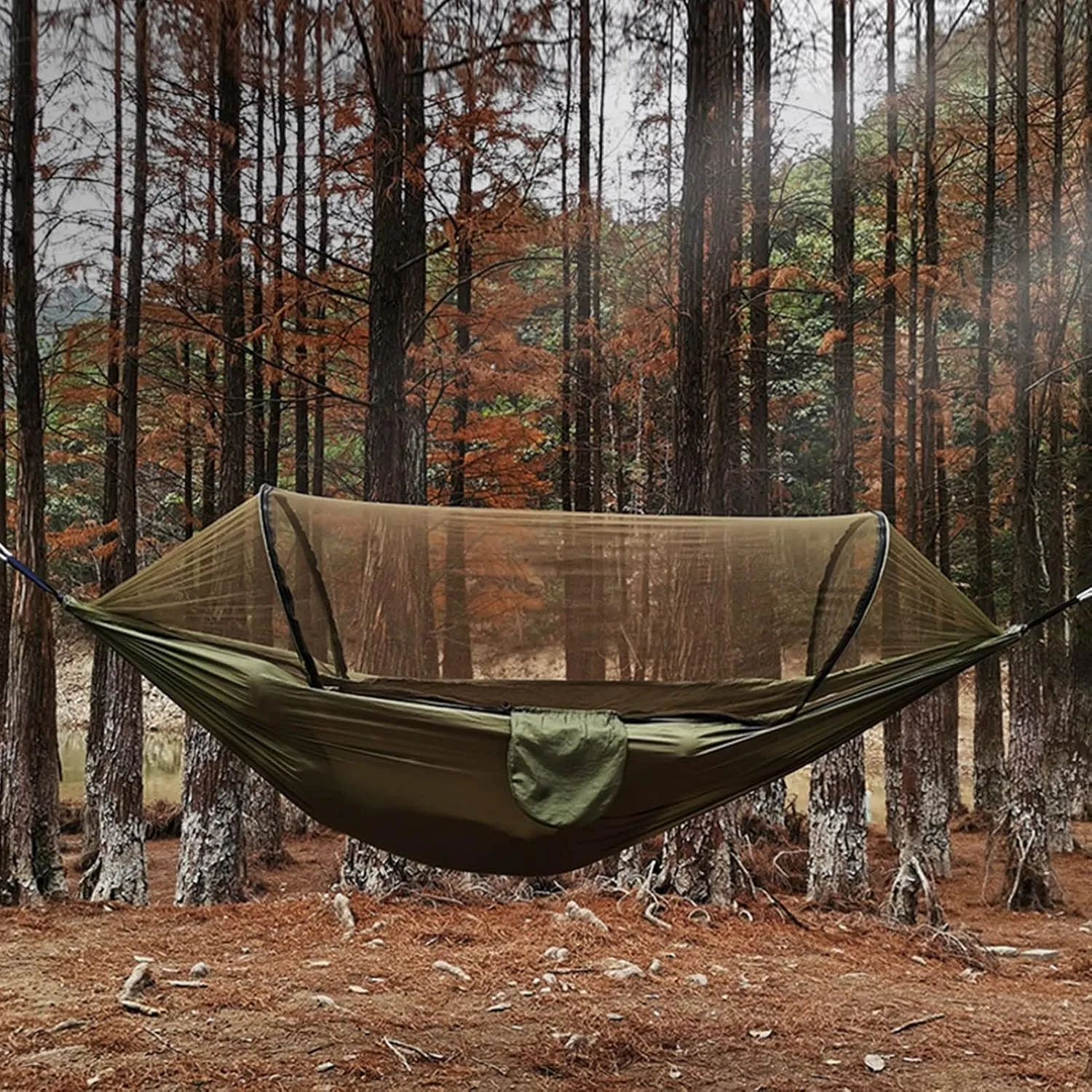 Topyond Camping Hammock with Net, 210T Nylon Taffeta Hammocks Quick Opening Hammock Tent for Indoor, Outdoor, Hiking, Camping, Backpacking, Travel, Backyard, Beach(Army Green)