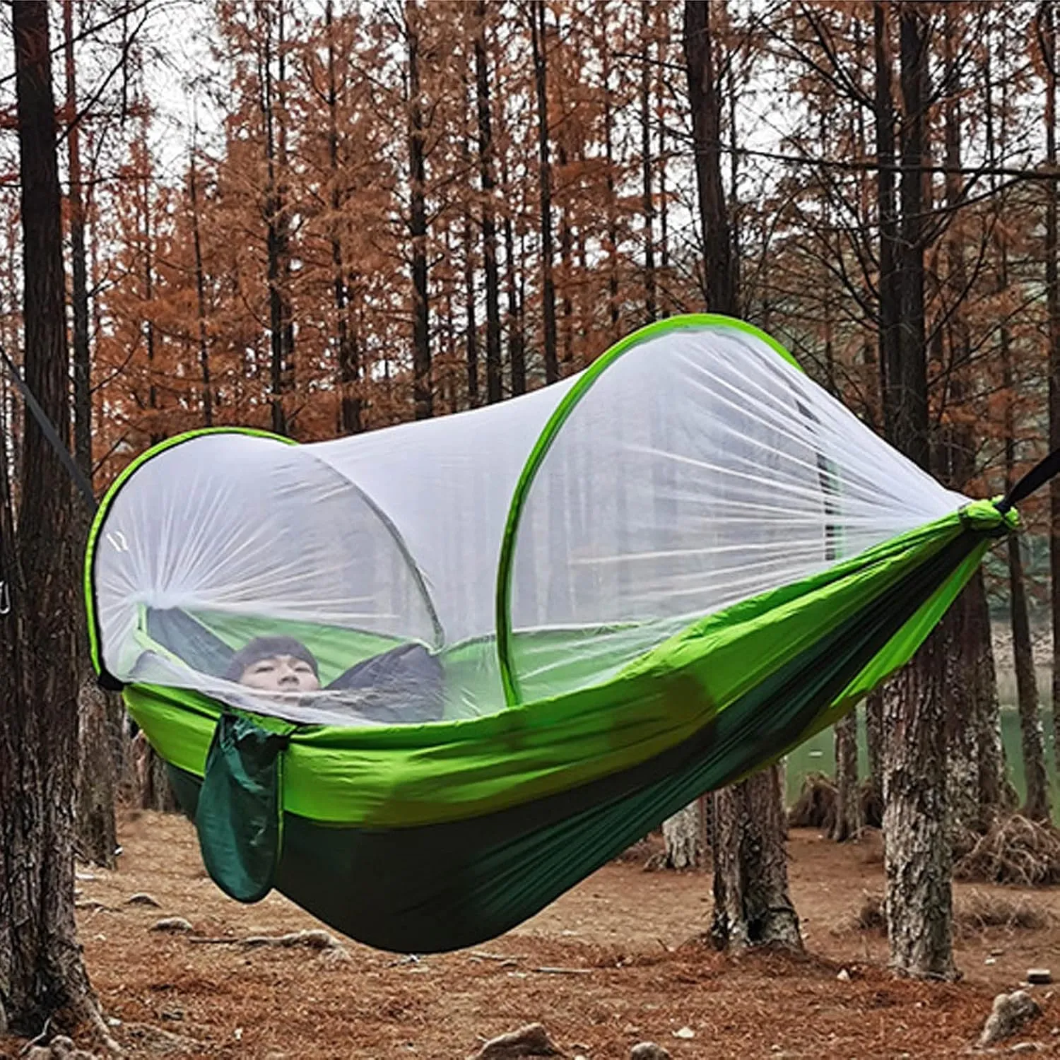 Topyond Camping Hammock with Net, 210T Nylon Taffeta Hammocks Quick Opening Hammock Tent for Indoor, Outdoor, Hiking, Camping, Backpacking, Travel, Backyard, Beach(Fruit Green)