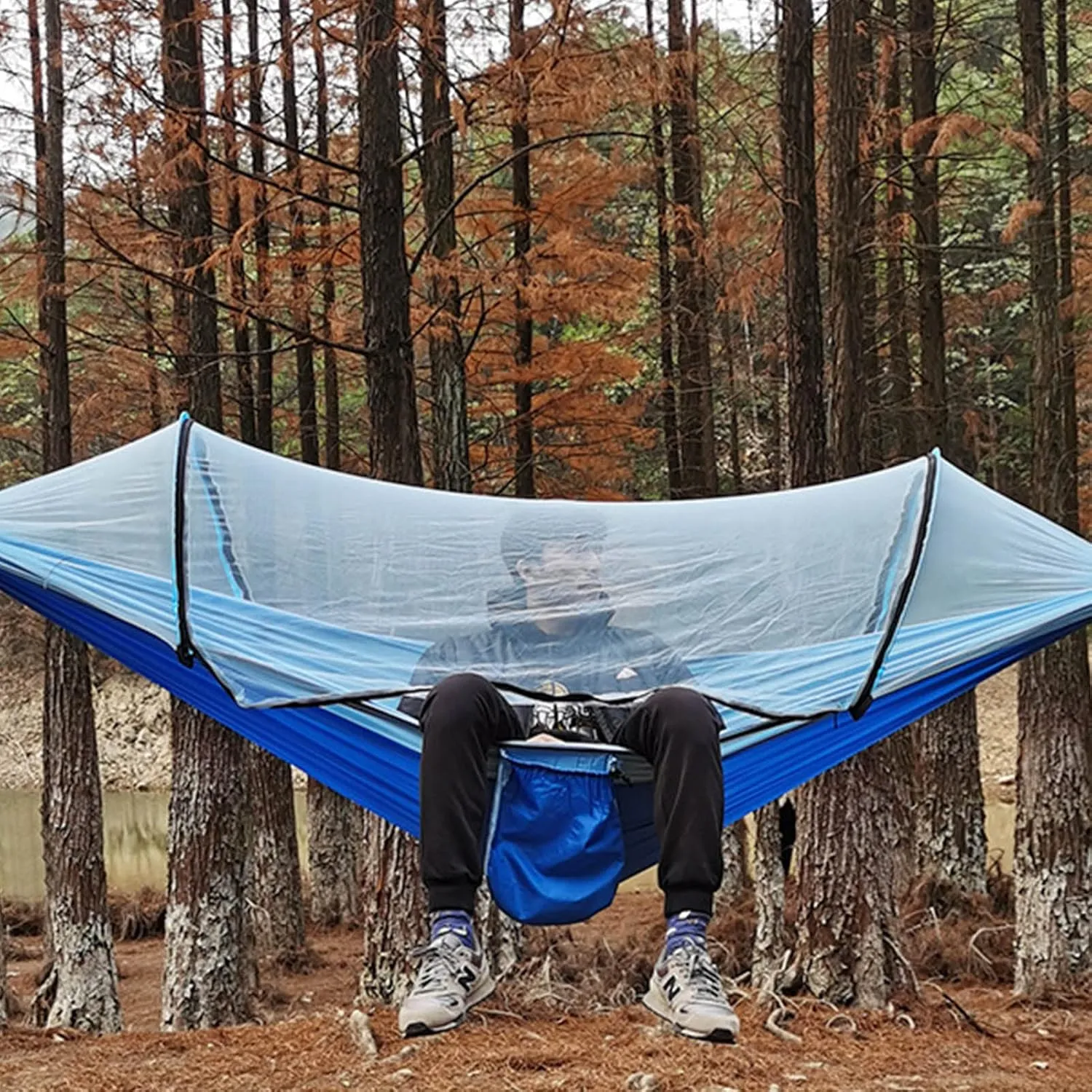 Topyond Camping Hammock with Net, 210T Nylon Taffeta Hammocks Quick Opening Hammock Tent for Indoor, Outdoor, Hiking, Camping, Backpacking, Travel, Backyard, Beach(Light Blue)