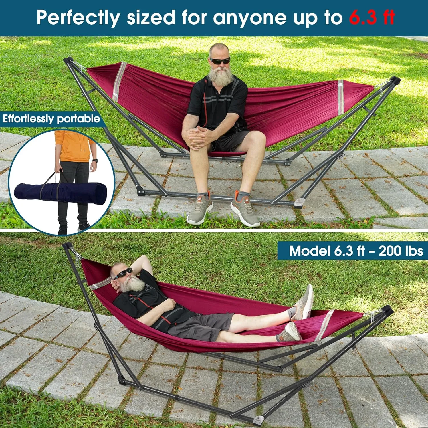 Tranquillo Adjustable Hammock Stand, Collapsible Camping Hammock and Stand, 600 lbs Capacity Double Hammock Stand for 2 Persons, Foldable Sturdy Noiseless Stand for Active Life Carry Bag Included, Red