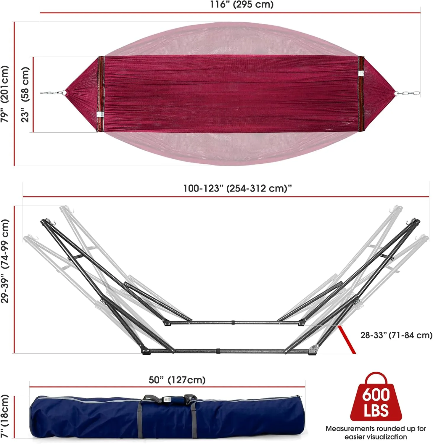 Tranquillo Adjustable Hammock Stand, Collapsible Camping Hammock and Stand, 600 lbs Capacity Double Hammock Stand for 2 Persons, Foldable Sturdy Noiseless Stand for Active Life Carry Bag Included, Red