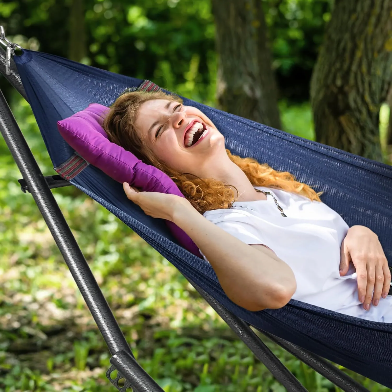 Tranquillo Double Hammock with Stand Included for 2 Persons/Foldable Hammock Stand 600 lbs Capacity Portable Case - Inhouse, Outdoor, Camping, Aegean