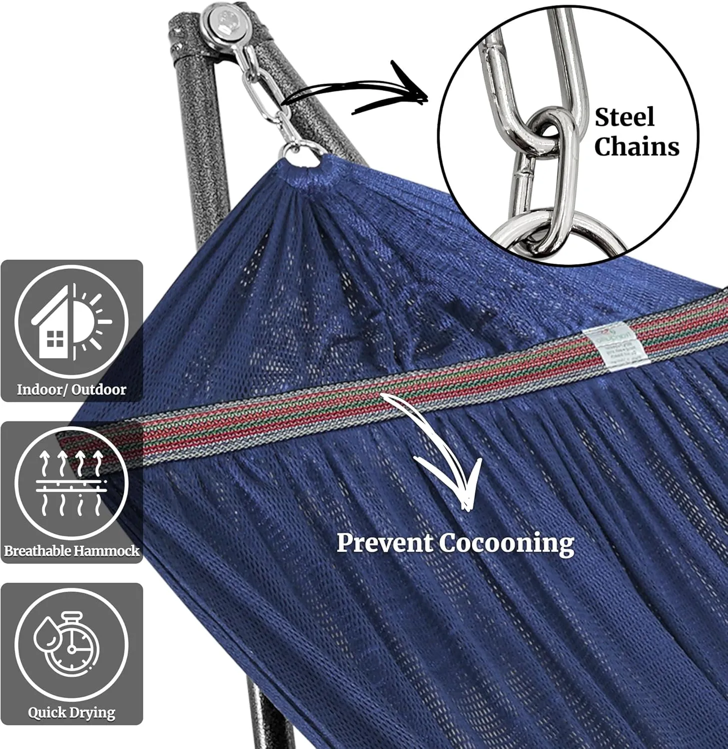 Tranquillo Double Hammock with Stand Included for 2 Persons/Foldable Hammock Stand 600 lbs Capacity Portable Case - Inhouse, Outdoor, Camping, Aegean