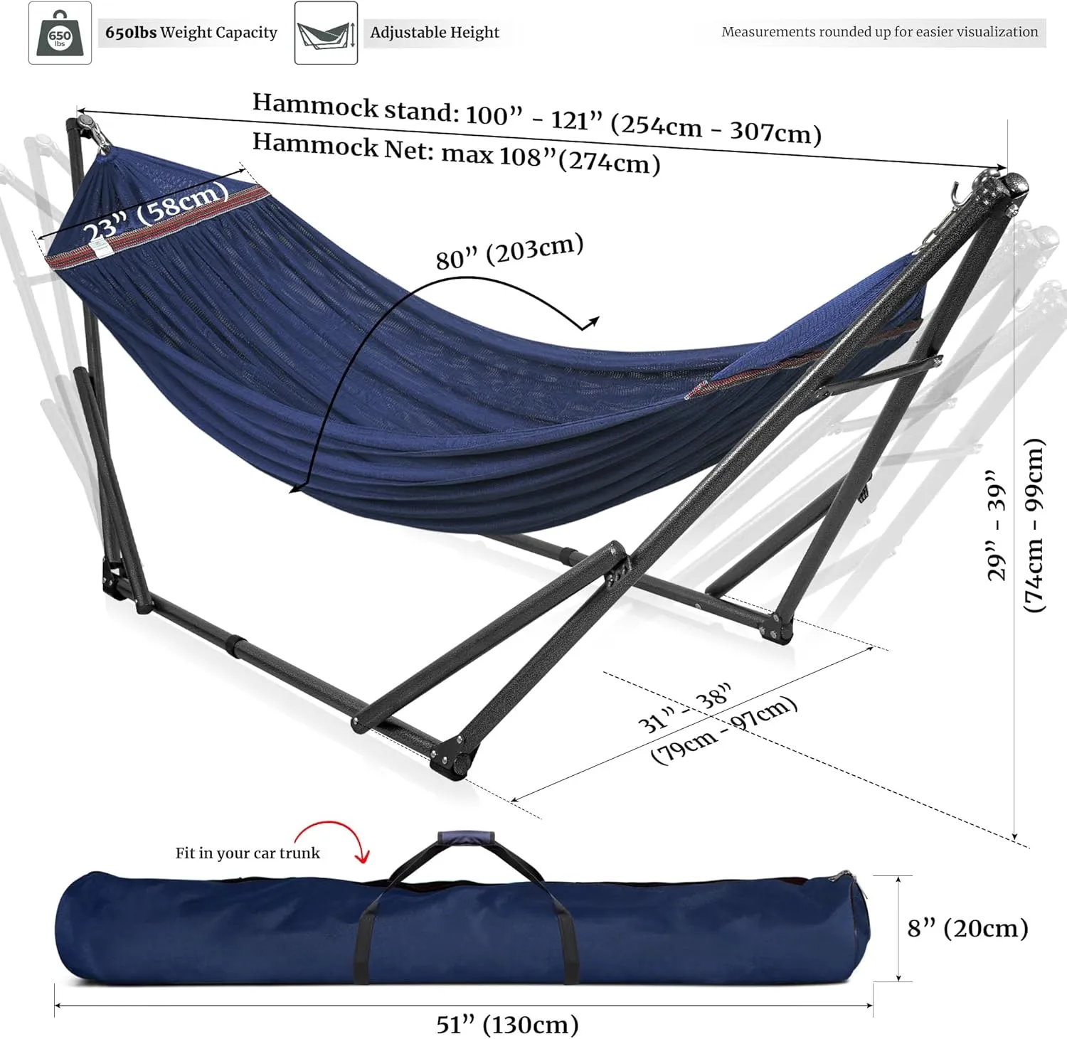 Tranquillo Double Hammock with Stand Included for 2 Persons/Foldable Hammock Stand 600 lbs Capacity Portable Case - Inhouse, Outdoor, Camping, Aegean