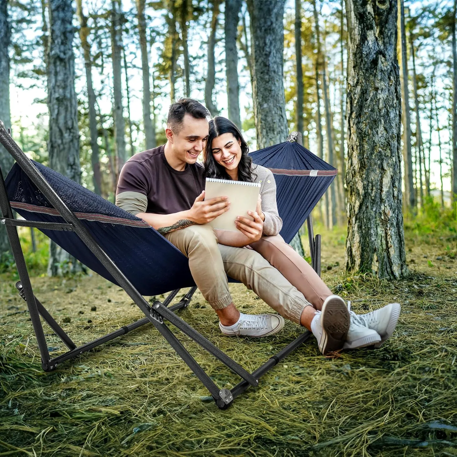 Tranquillo Double Hammock with Stand Included for 2 Persons/Foldable Hammock Stand 600 lbs Capacity Portable Case - Inhouse, Outdoor, Camping, Aegean