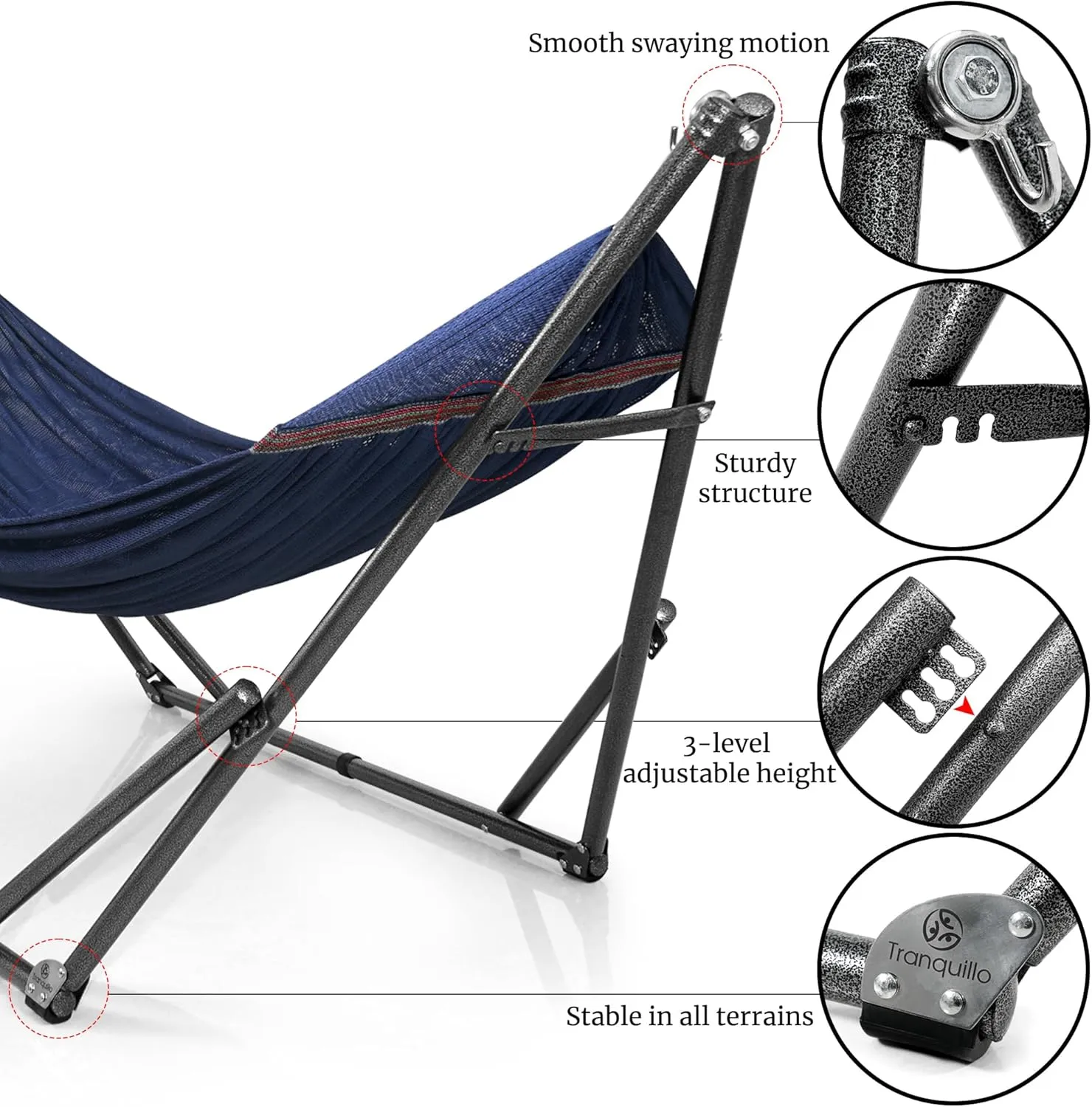 Tranquillo Double Hammock with Stand Included for 2 Persons/Foldable Hammock Stand 600 lbs Capacity Portable Case - Inhouse, Outdoor, Camping, Aegean