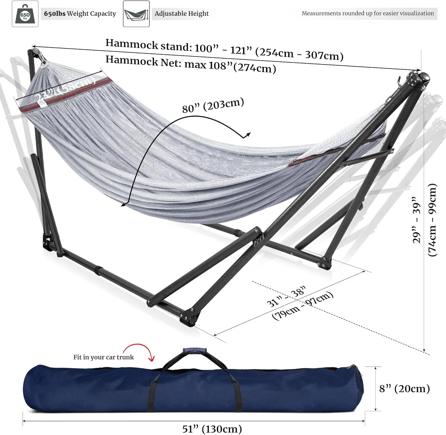 Tranquillo Double Hammock with Stand Included for 2 Persons/Foldable Hammock Stand 600 lbs Capacity Portable Case - Inhouse, Outdoor, Camping, Grey