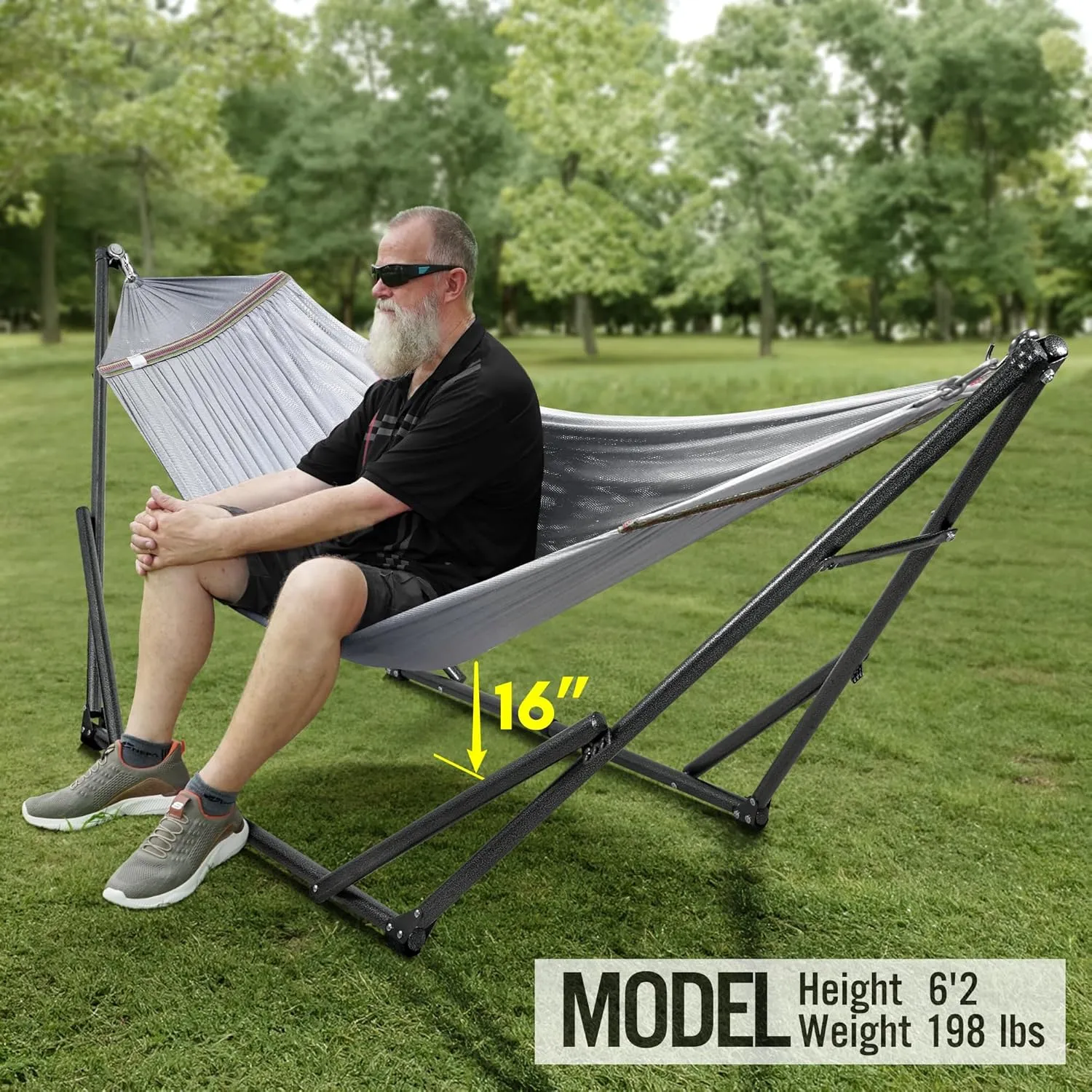 Tranquillo Double Hammock with Stand Included for 2 Persons/Foldable Hammock Stand 600 lbs Capacity Portable Case - Inhouse, Outdoor, Camping, Grey