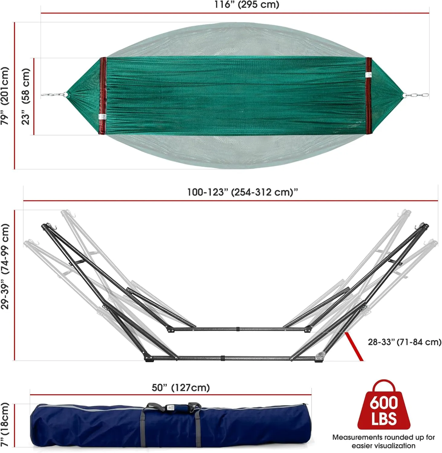 Tranquillo Foldable Hammock Stand, Collapsible Camping Hammock and Stand Set, 600 lbs Capacity Double Hammock Stand for 2 Persons, Premium Steel Stand and Breathable Polyester Hammock Net, Peacock
