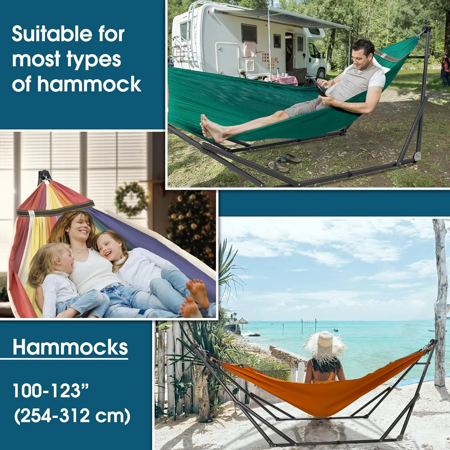 Tranquillo Foldable Hammock Stand, Collapsible Camping Hammock and Stand Set, 600 lbs Capacity Double Hammock Stand for 2 Persons, Premium Steel Stand and Breathable Polyester Hammock Net, Peacock