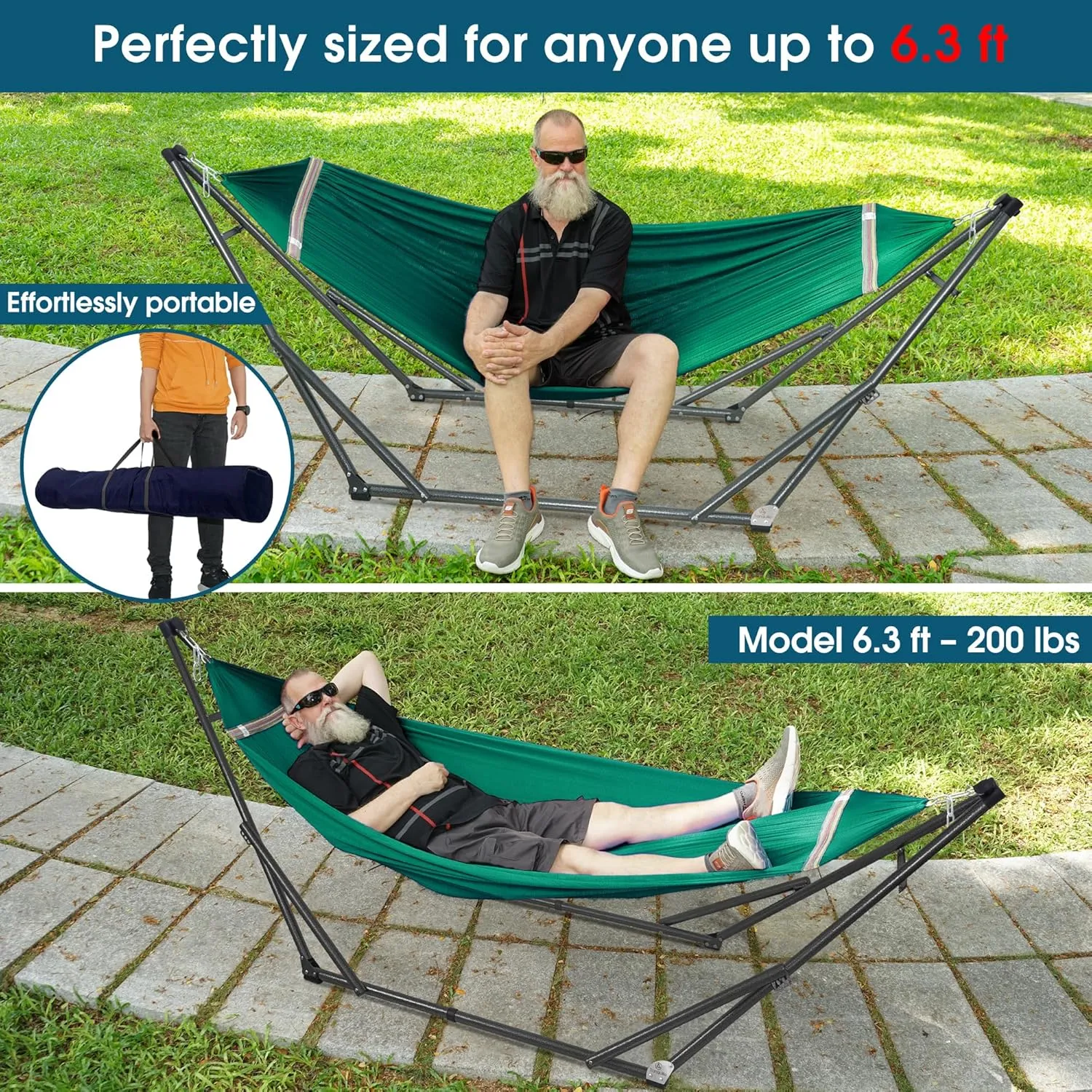 Tranquillo Foldable Hammock Stand, Collapsible Camping Hammock and Stand Set, 600 lbs Capacity Double Hammock Stand for 2 Persons, Premium Steel Stand and Breathable Polyester Hammock Net, Peacock