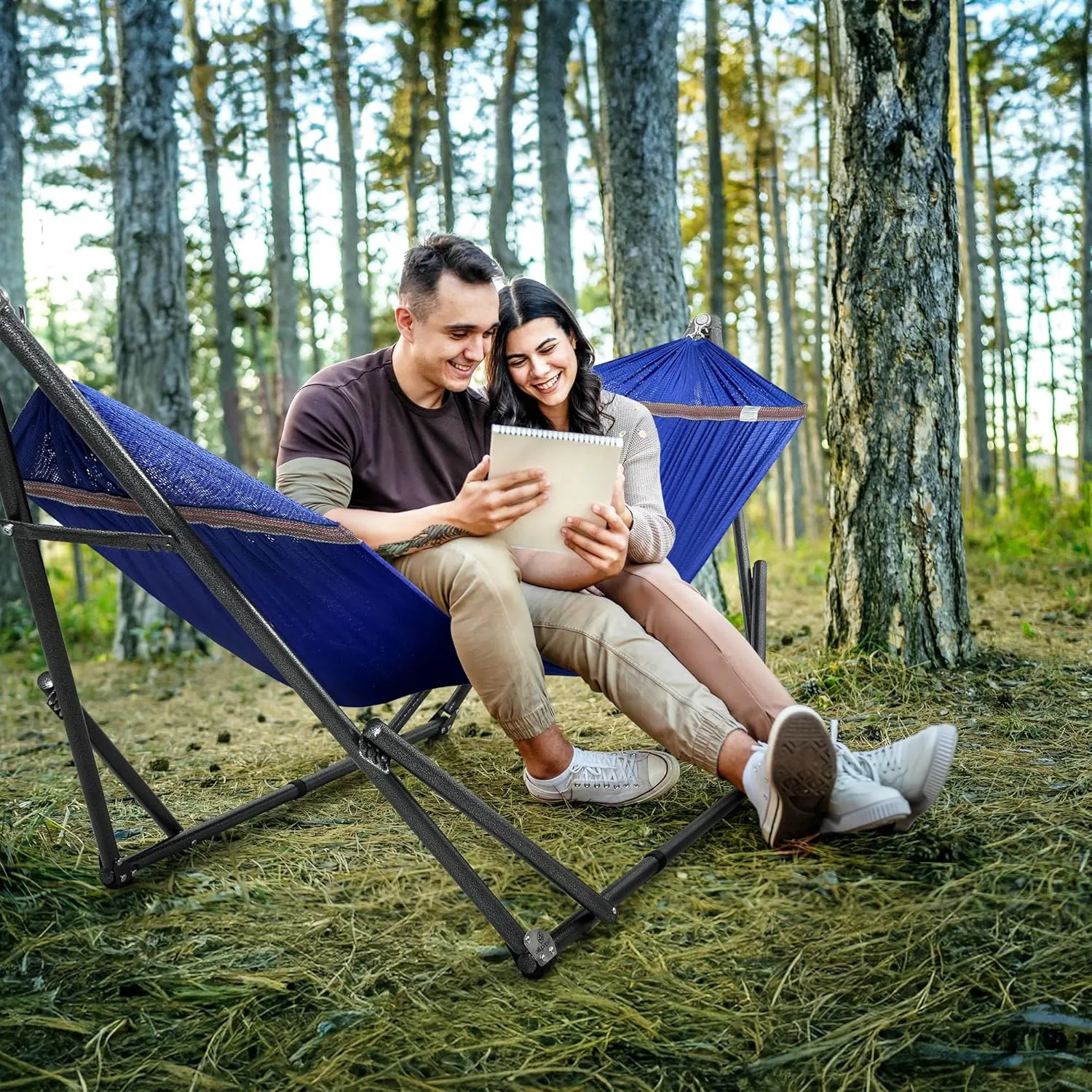 Tranquillo Hammock 600 lbs Capacity, Instant 20s Foldable Hammock Stand, 3-Year Warranty Hammock with Stand, 2 Person Camping Hammock Revolutionary Portable, No Screws, Premium, Blue