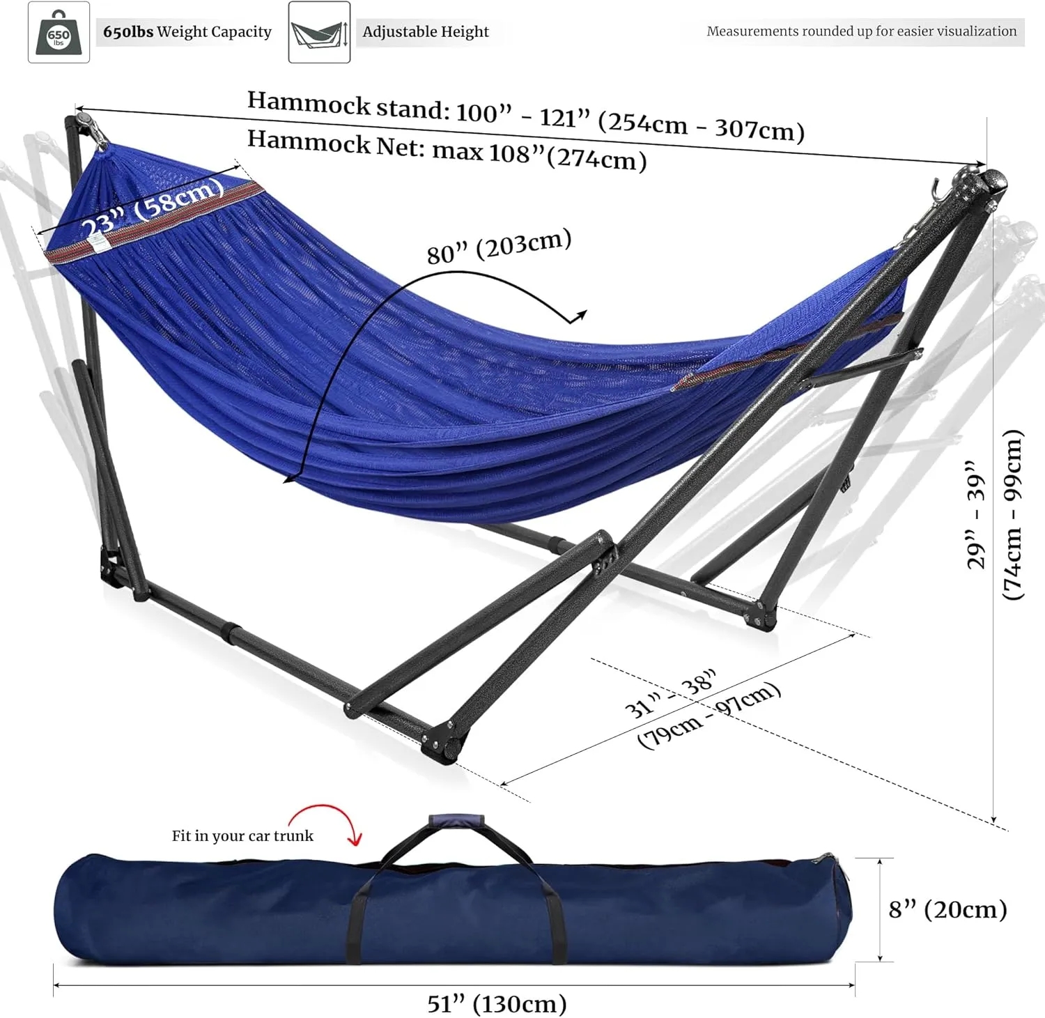 Tranquillo Hammock 600 lbs Capacity, Instant 20s Foldable Hammock Stand, 3-Year Warranty Hammock with Stand, 2 Person Camping Hammock Revolutionary Portable, No Screws, Premium, Blue