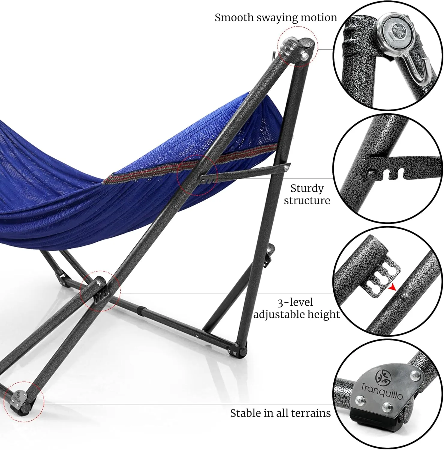 Tranquillo Hammock 600 lbs Capacity, Instant 20s Foldable Hammock Stand, 3-Year Warranty Hammock with Stand, 2 Person Camping Hammock Revolutionary Portable, No Screws, Premium, Blue