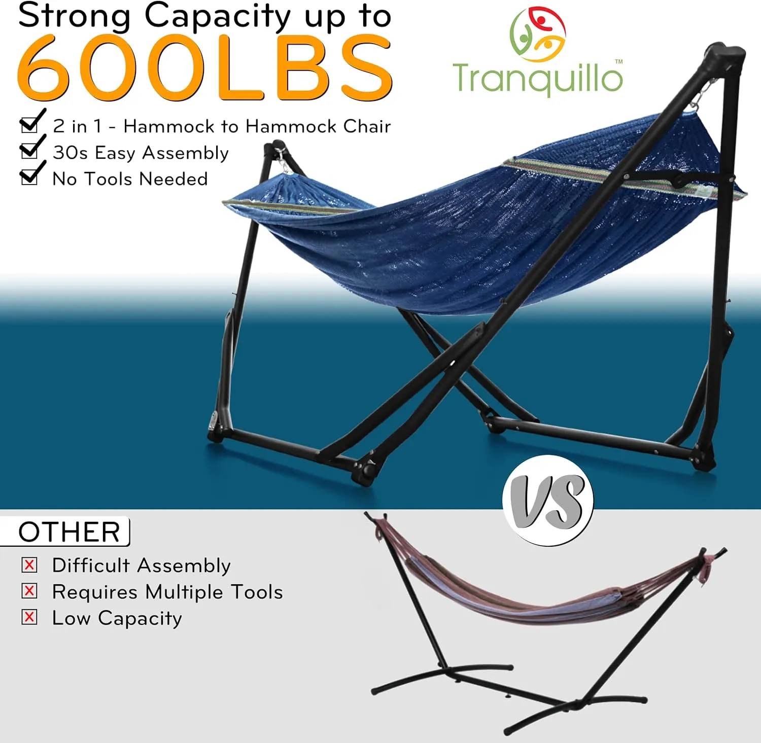 Tranquillo UniGen 2 in 1 Double Hammock with Stand, Foldable & Portable, 600 lbs Capacity, Aegean