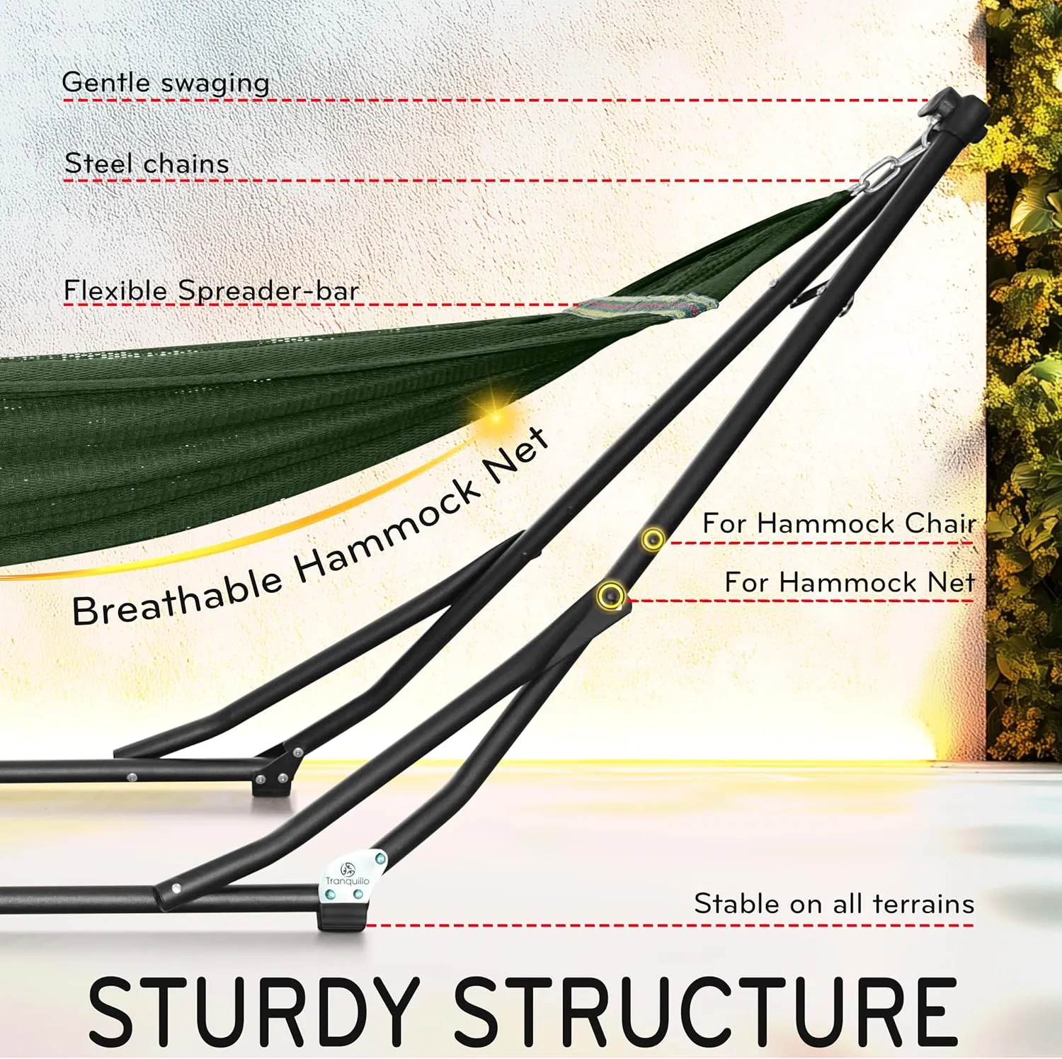 Tranquillo UniGen Hammock with Stand for Outside, Double Hammock for 2 Persons Foldable Portable Hammock 600 lbs Capacity/Portable Hammock with Stand Foldable, Moss Green