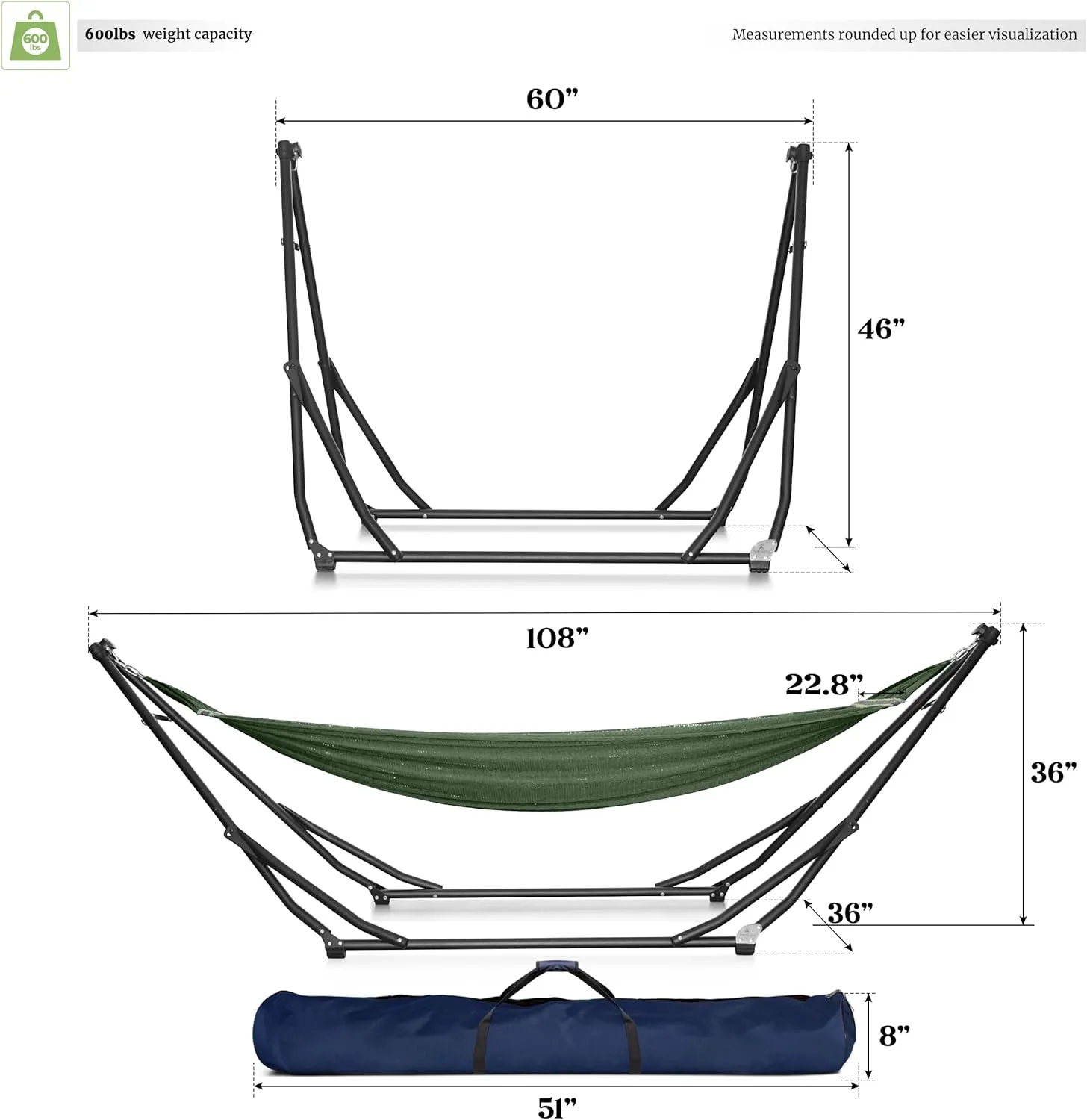 Tranquillo UniGen Hammock with Stand for Outside, Double Hammock for 2 Persons Foldable Portable Hammock 600 lbs Capacity/Portable Hammock with Stand Foldable, Moss Green