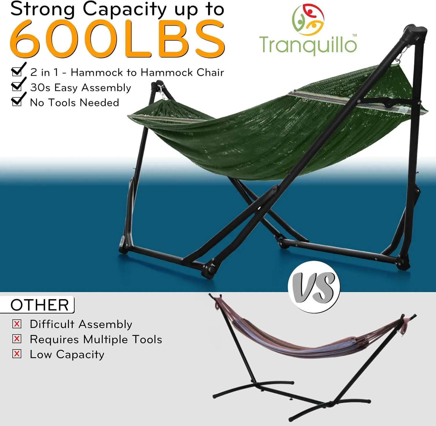Tranquillo UniGen Hammock with Stand for Outside, Double Hammock for 2 Persons Foldable Portable Hammock 600 lbs Capacity/Portable Hammock with Stand Foldable, Moss Green