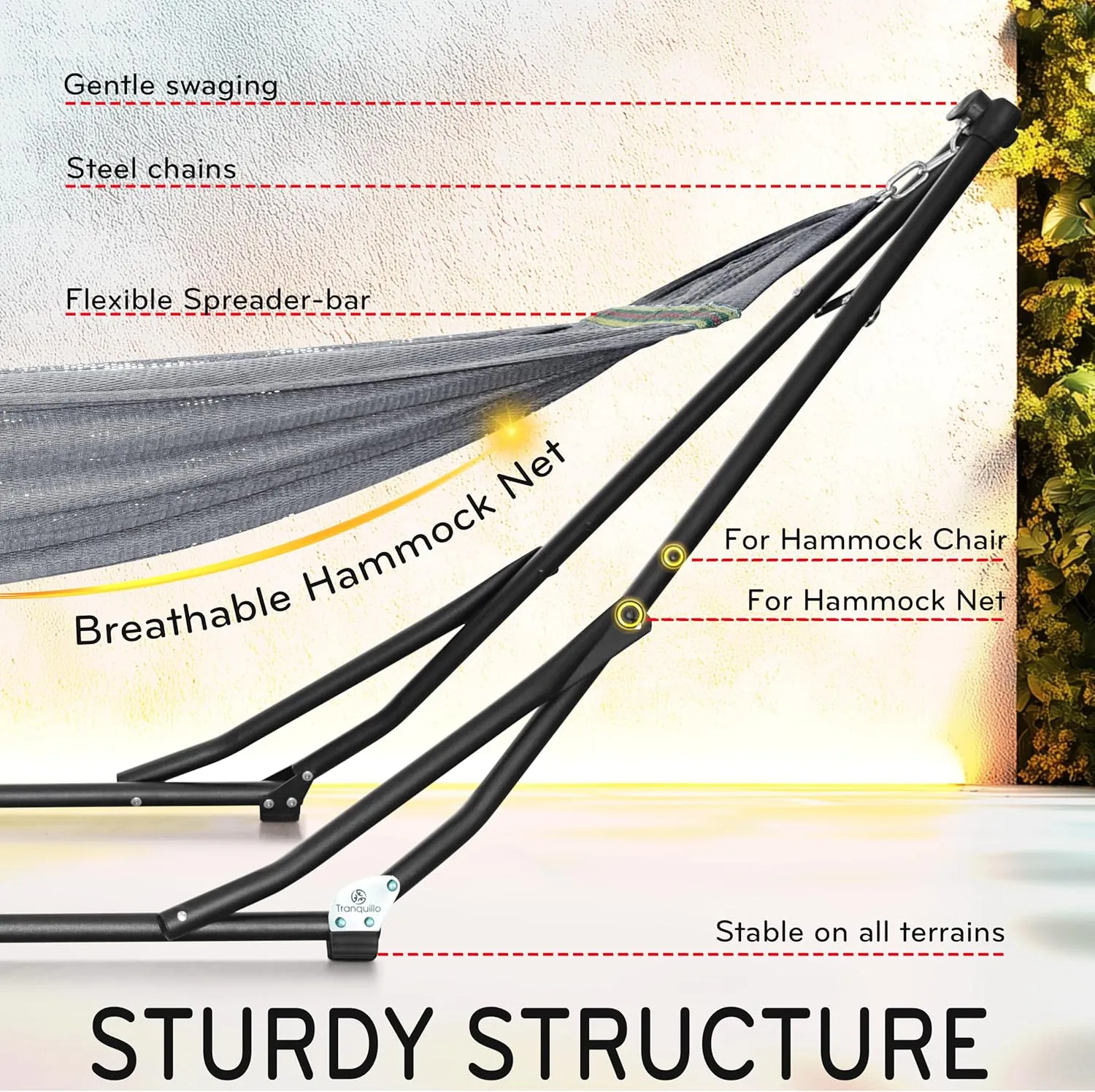Tranquillo UniGen Heavy Duty Indoor/Outdoor Hammock with Signature Steel Stand, Premium Foldable Hammock, Durable 2-Layered Soft Polyester, Grey
